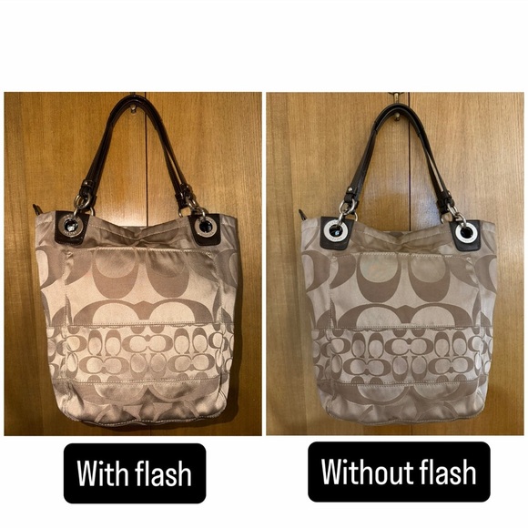 Coach Signature Stripe Khaki Satin Tote Bag Brown Leather Trim Style 14449 - Picture 16 of 16